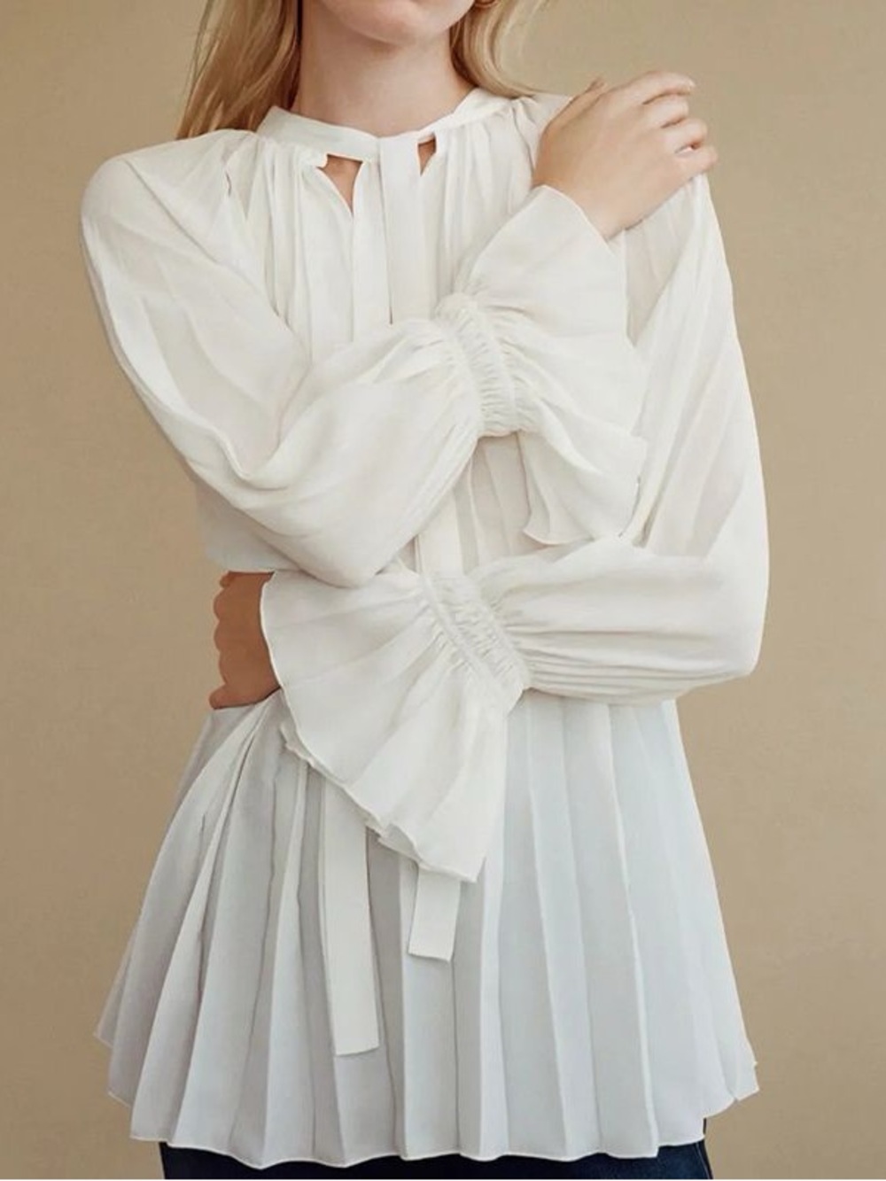 Zara NWOT Tie-Neck Pleated Blouse